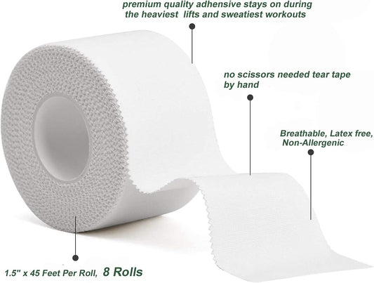 White Athletic Sports Tape - Strong, Easy Tear, No Residue | 8 Pack