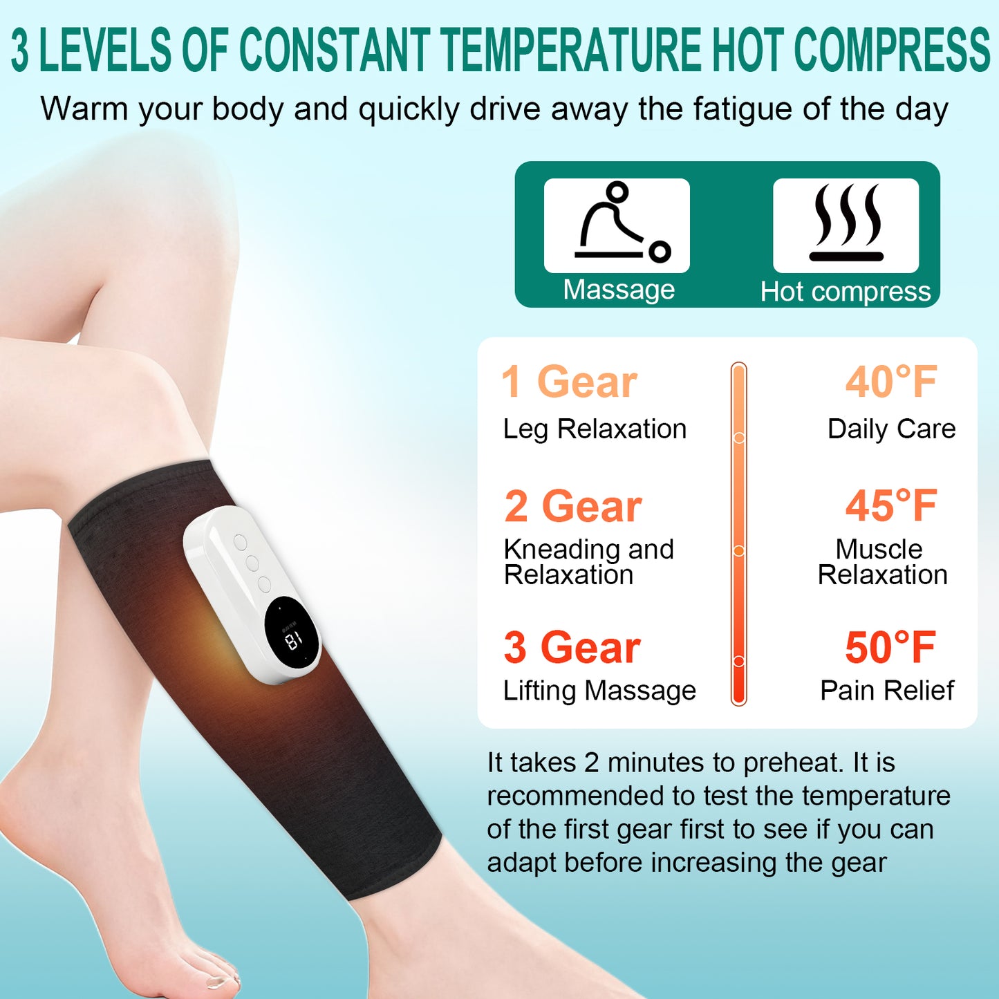 Leg Massager with Heat & Compression - Cordless Calf Massager 3 Modes