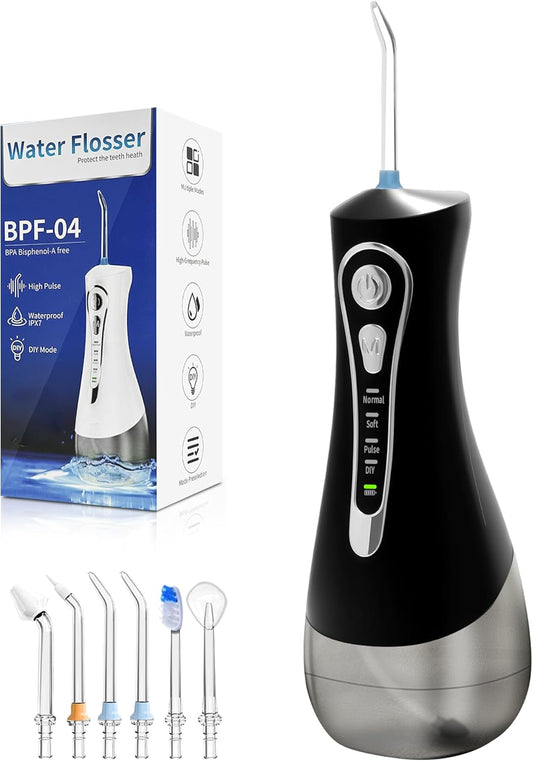 Water Dental Flosser for Teeth Pick:4 Modes Cordless Portable Oral Irrigator 320ML Larger Tank 6 Jet Tips Water Teeth Cleaner IPX7 Waterproof Rechargeable Flossing Cleaning Picks for Home Travel