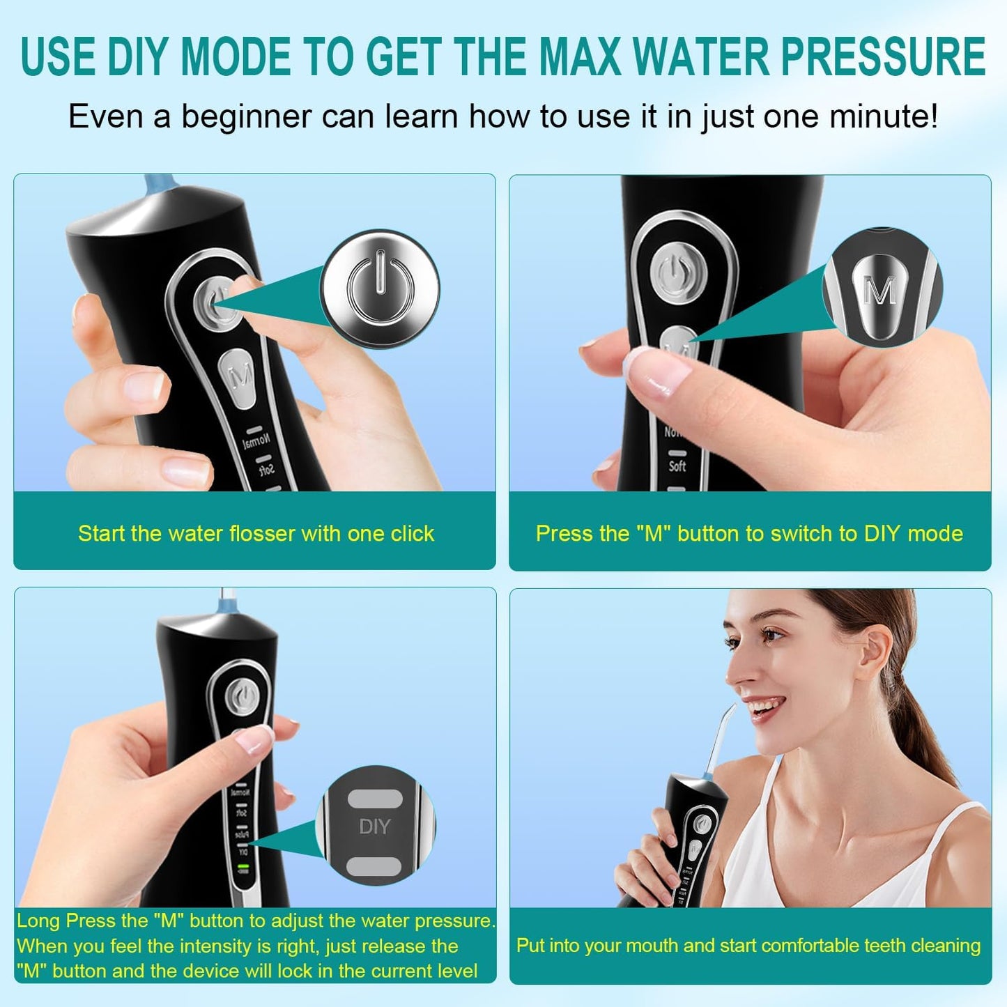 Water Dental Flosser for Teeth Pick:4 Modes Cordless Portable Oral Irrigator 320ML Larger Tank 6 Jet Tips Water Teeth Cleaner IPX7 Waterproof Rechargeable Flossing Cleaning Picks for Home Travel