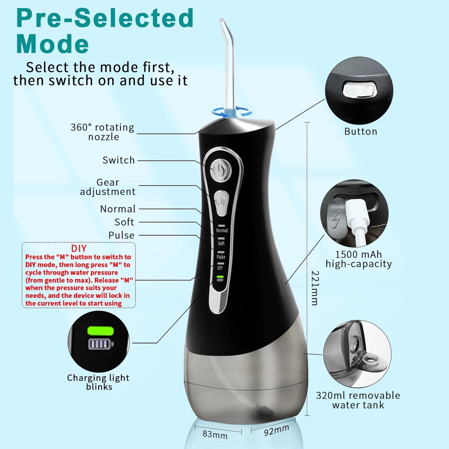 Water Dental Flosser for Teeth Pick:4 Modes Cordless Portable Oral Irrigator 320ML Larger Tank 6 Jet Tips Water Teeth Cleaner IPX7 Waterproof Rechargeable Flossing Cleaning Picks for Home Travel