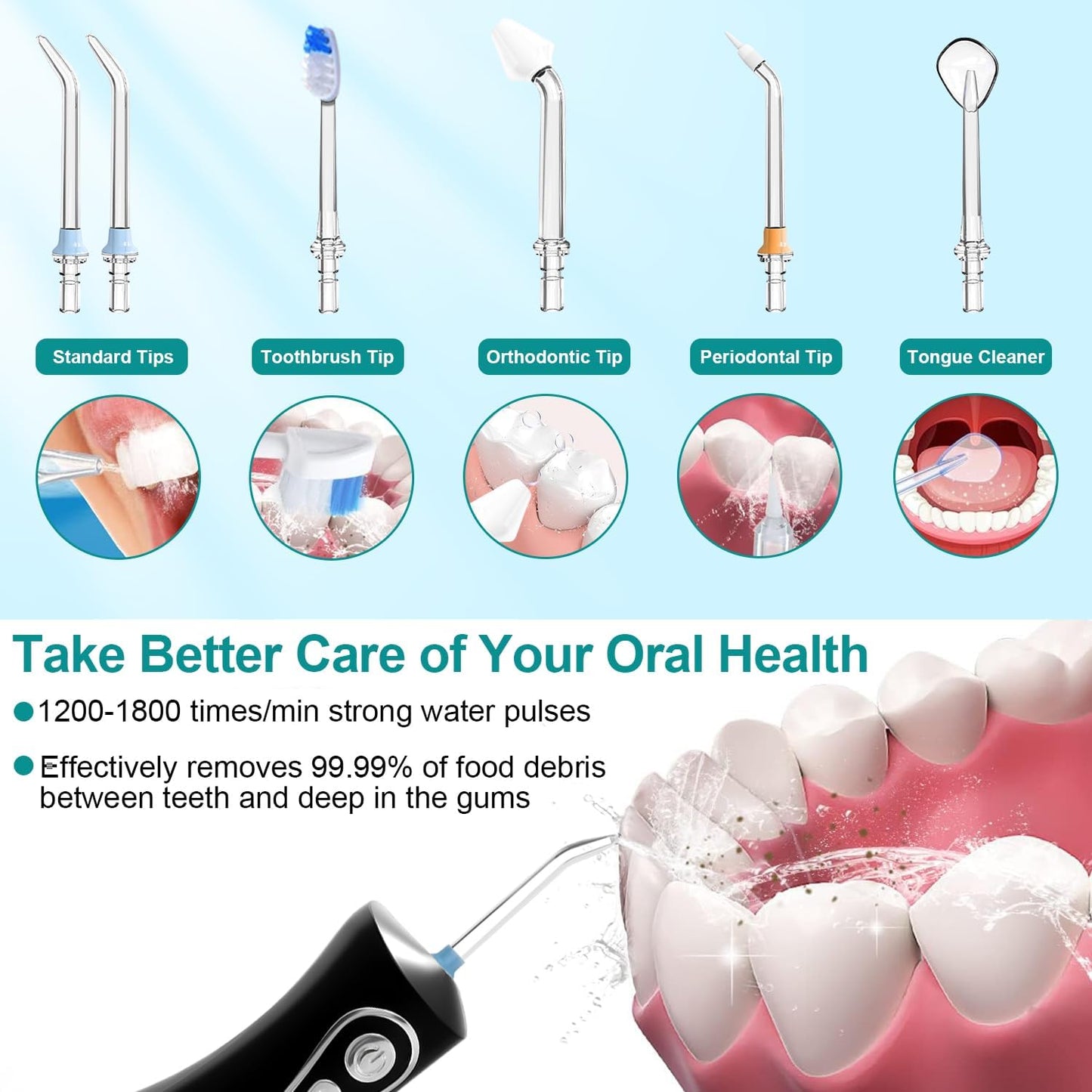 Water Dental Flosser for Teeth Pick:4 Modes Cordless Portable Oral Irrigator 320ML Larger Tank 6 Jet Tips Water Teeth Cleaner IPX7 Waterproof Rechargeable Flossing Cleaning Picks for Home Travel