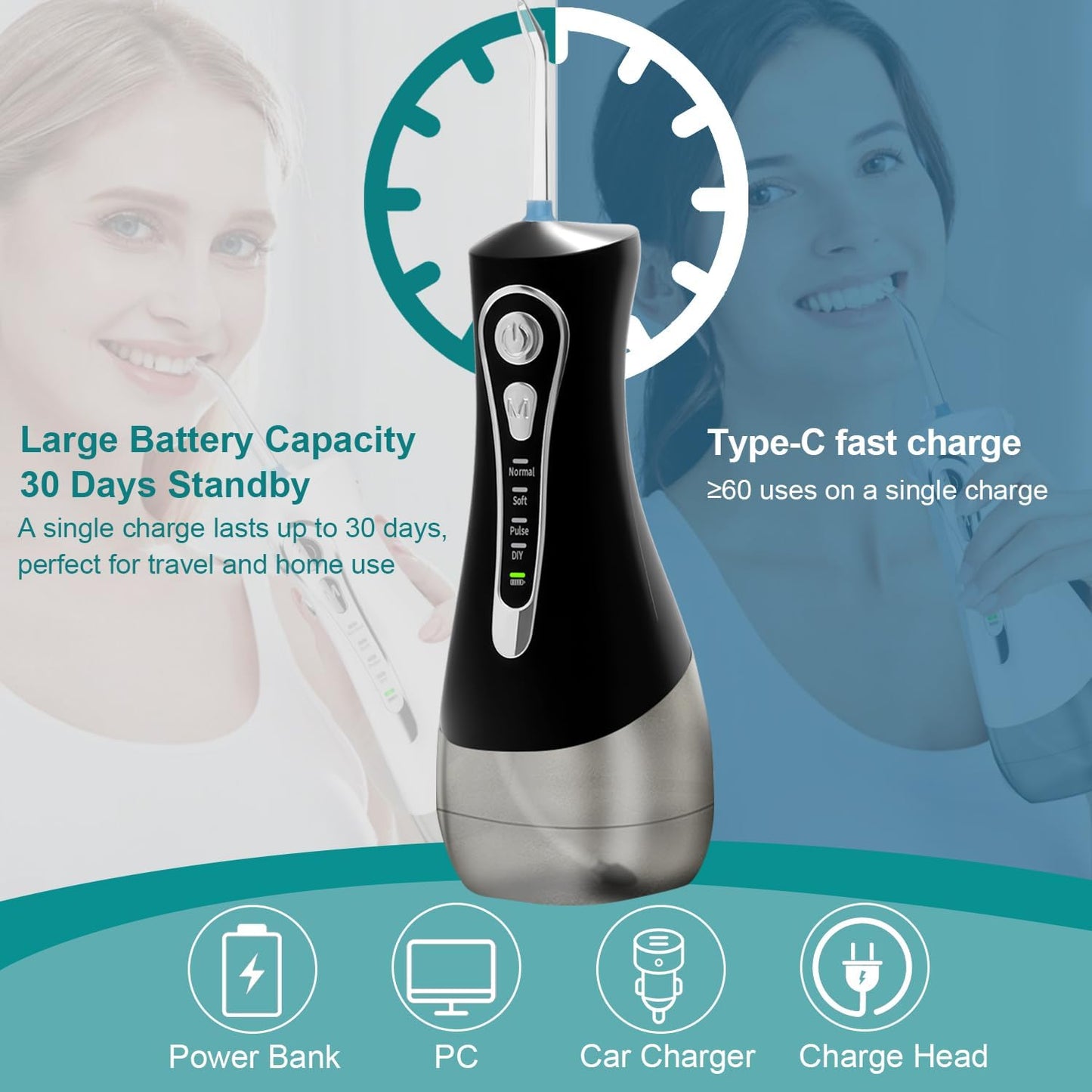 Water Dental Flosser for Teeth Pick:4 Modes Cordless Portable Oral Irrigator 320ML Larger Tank 6 Jet Tips Water Teeth Cleaner IPX7 Waterproof Rechargeable Flossing Cleaning Picks for Home Travel