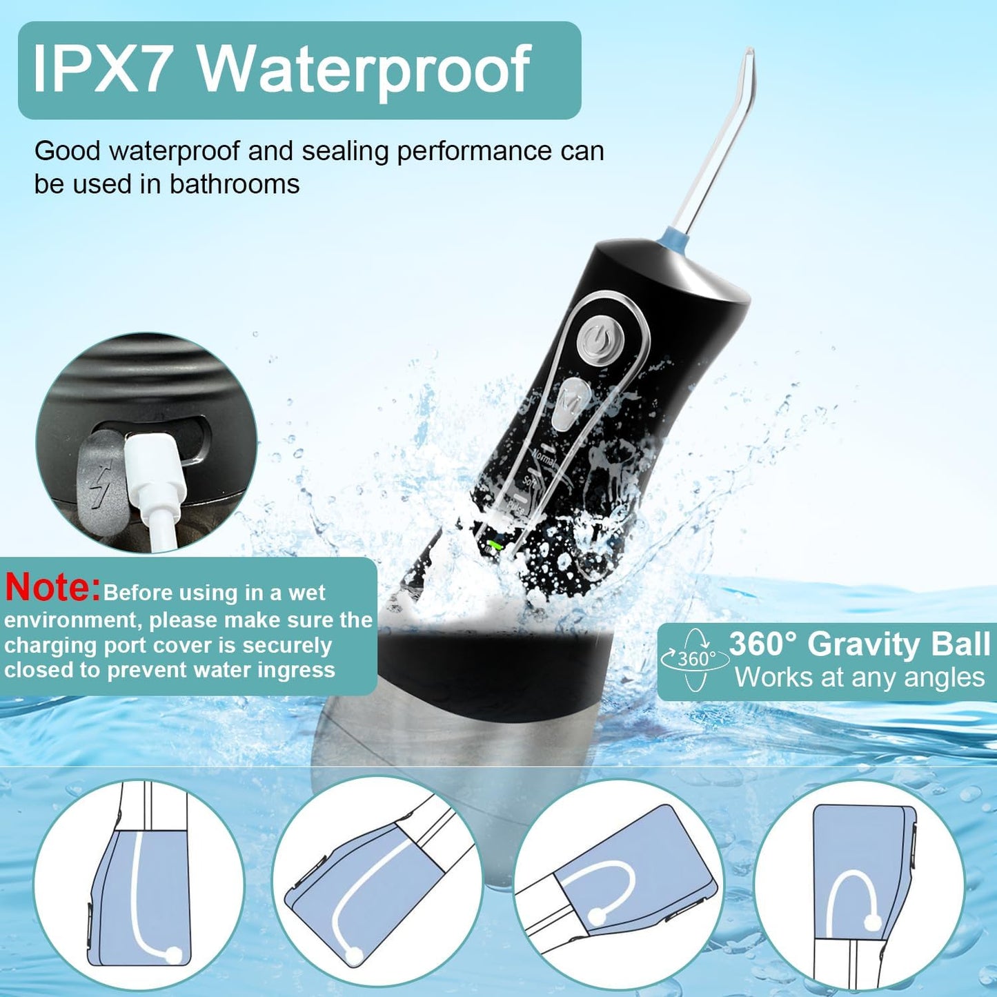 Water Dental Flosser for Teeth Pick:4 Modes Cordless Portable Oral Irrigator 320ML Larger Tank 6 Jet Tips Water Teeth Cleaner IPX7 Waterproof Rechargeable Flossing Cleaning Picks for Home Travel
