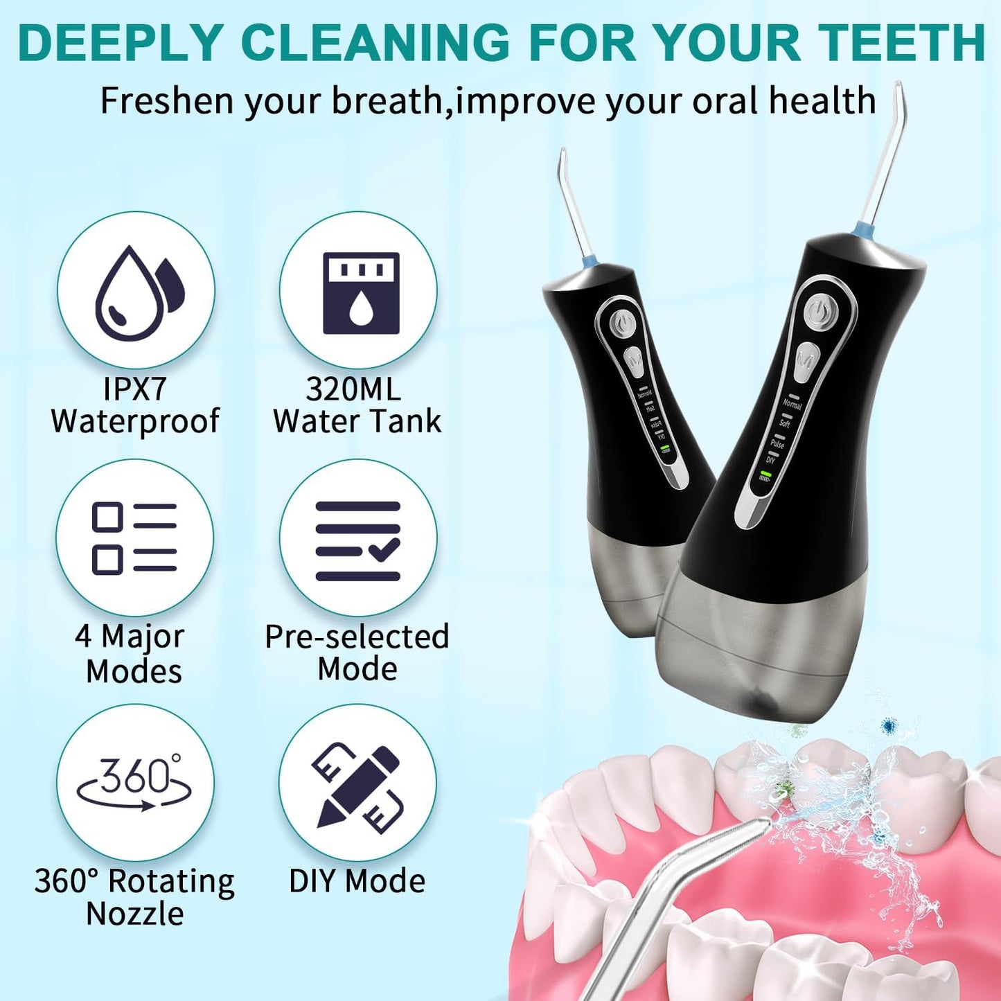 Water Dental Flosser for Teeth Pick:4 Modes Cordless Portable Oral Irrigator 320ML Larger Tank 6 Jet Tips Water Teeth Cleaner IPX7 Waterproof Rechargeable Flossing Cleaning Picks for Home Travel
