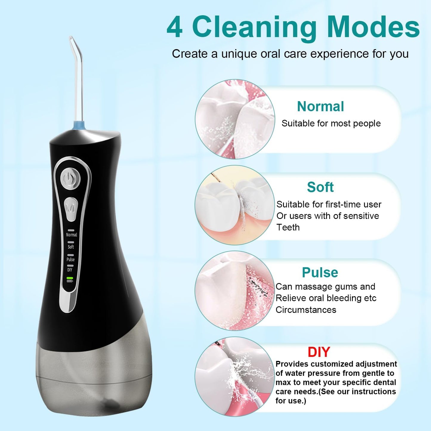 Water Dental Flosser for Teeth Pick:4 Modes Cordless Portable Oral Irrigator 320ML Larger Tank 6 Jet Tips Water Teeth Cleaner IPX7 Waterproof Rechargeable Flossing Cleaning Picks for Home Travel