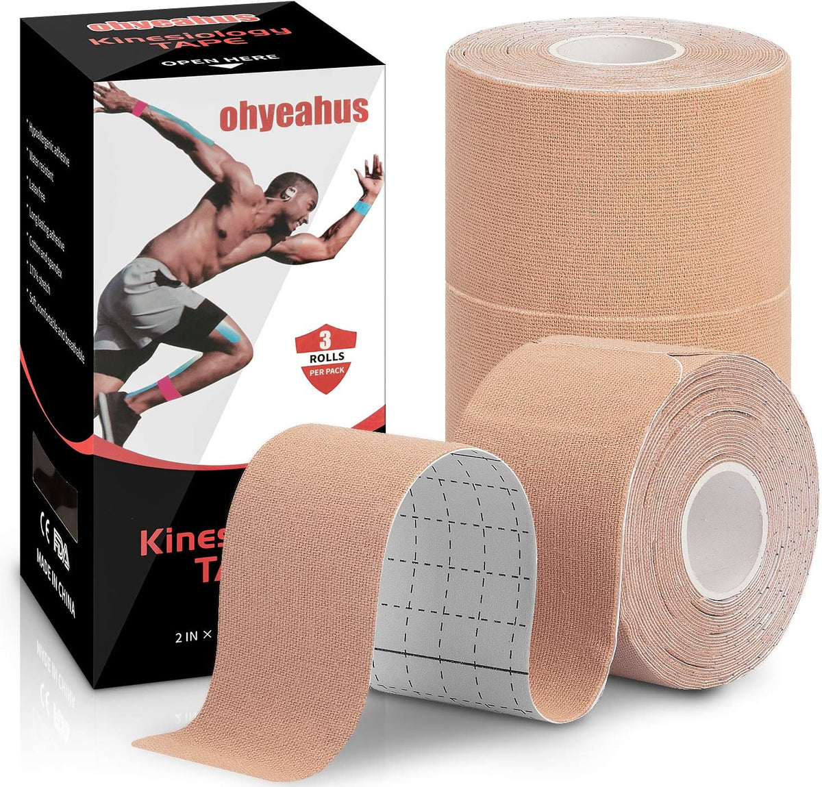 Kinesiology Tape Precut (3 Rolls), Pain Relief Adhesive for Muscles Shin Splints Ankle Neck Knee & Shoulder, Promotes Recovery & Providing Support, 2" x 19.7 Feet per Roll, Total 72 Precut Strips