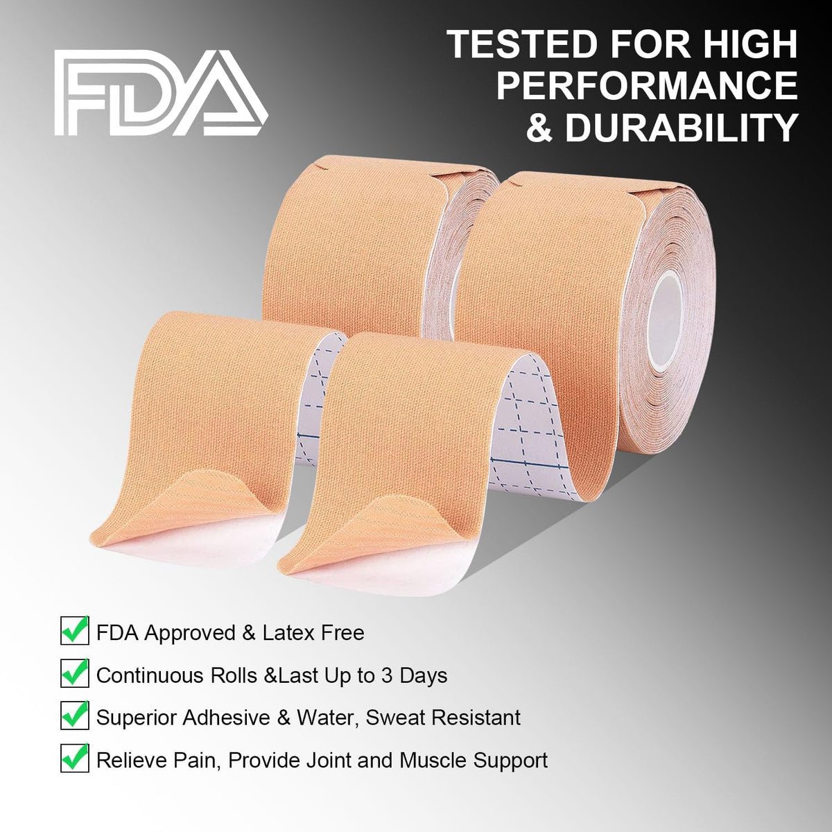 Kinesiology Tape Precut (3 Rolls), Pain Relief Adhesive for Muscles Shin Splints Ankle Neck Knee & Shoulder, Promotes Recovery & Providing Support, 2" x 19.7 Feet per Roll, Total 72 Precut Strips